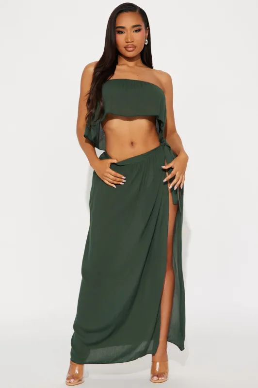 Island Sun Crinkle Gauze Cover Up Skirt Set - Olive sold by Fashion Nova