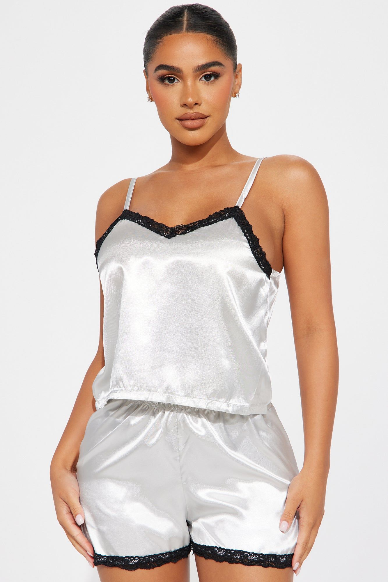 Princess Treatment Satin Lace PJ Short Set - Silver sold by Fashion Nova