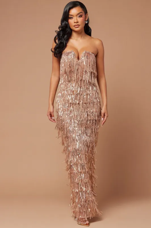 Chantilly Sequin Fringe Maxi Dress - Rose Gold sold by Fashion Nova