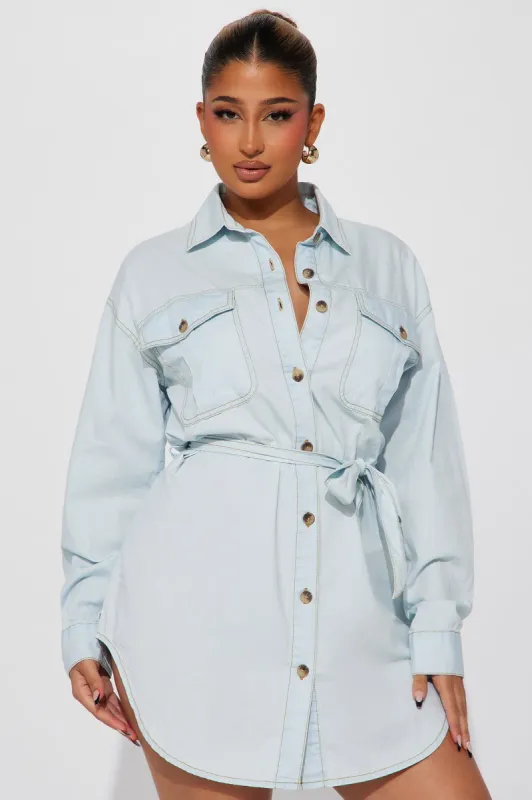 Ellie Mini Shirt Dress - Bleach Blue Wash sold by Fashion Nova