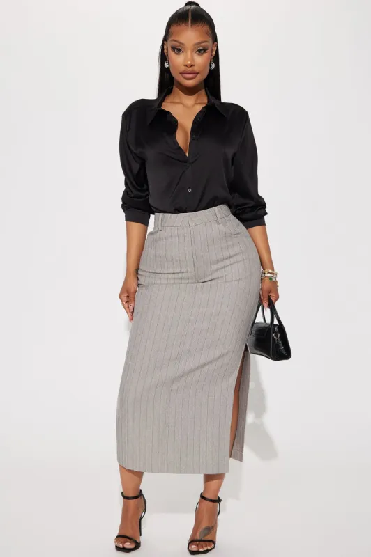 Work That Pinstripe Midi Skirt - Grey sold by Fashion Nova