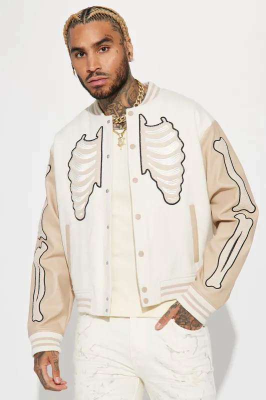 Skeleton Varsity Jacket - Cream/combo sold by Fashion Nova