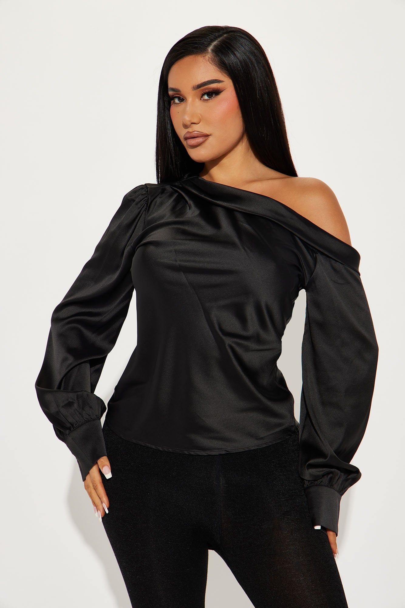 Twinkle Nights Satin Blouse Top - Black sold by Fashion Nova