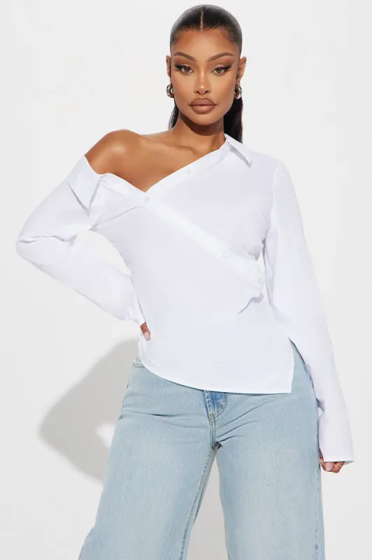 Keepin' Cool Asymmetrical Shirt - White sold by Fashion Nova