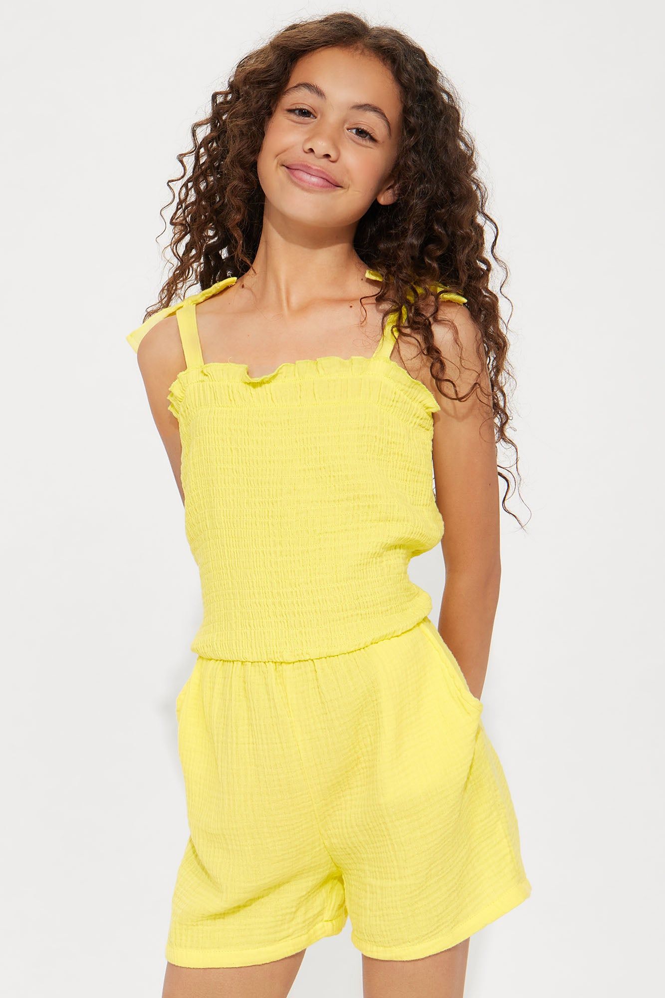 Mini Cotton Gauze Tie Sleeve Romper - Yellow sold by Fashion Nova