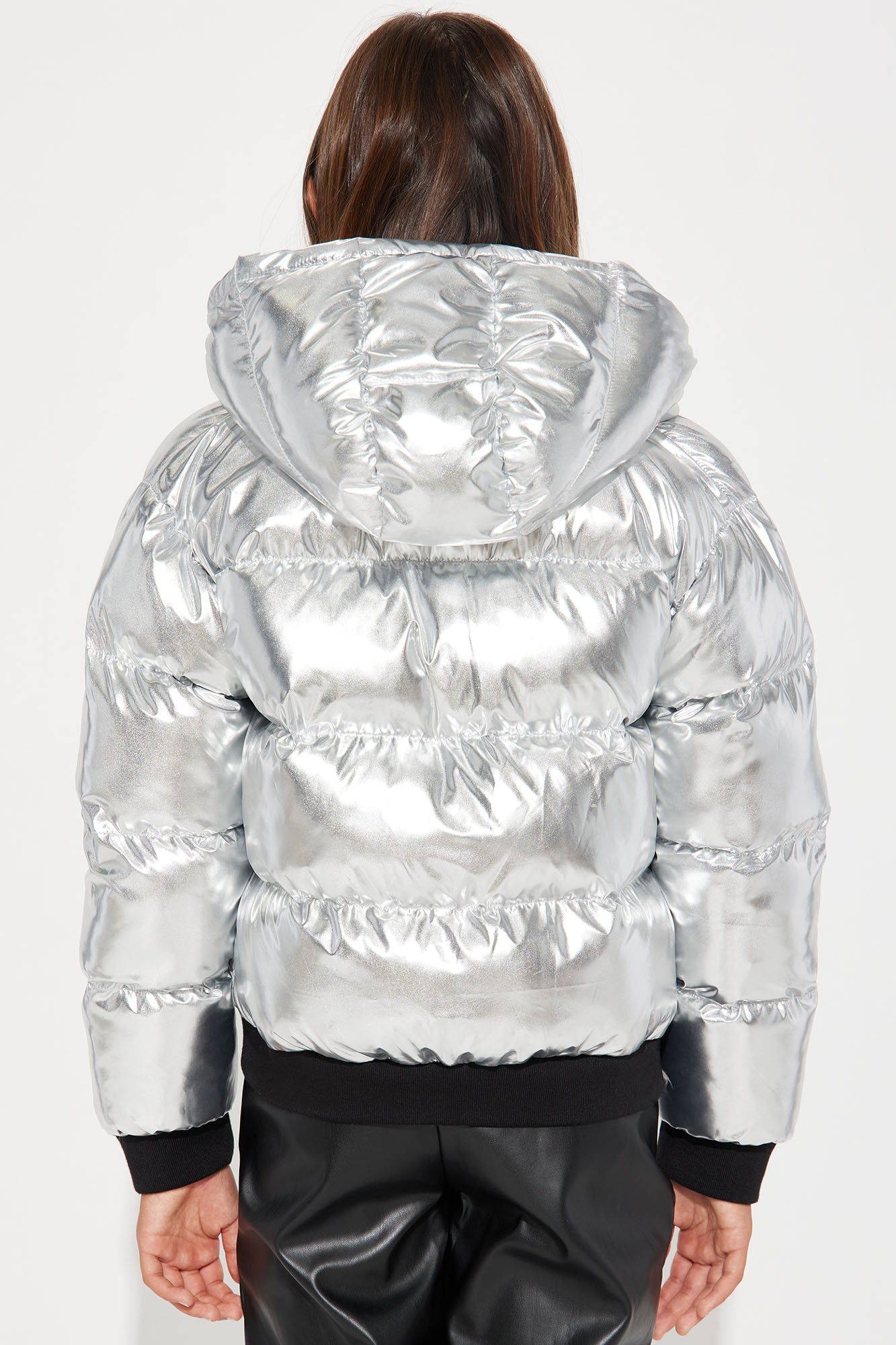 Mini Taking Off Tonight Metallic Puffer Jacket - Silver sold by Fashion Nova product image thumbnail 5