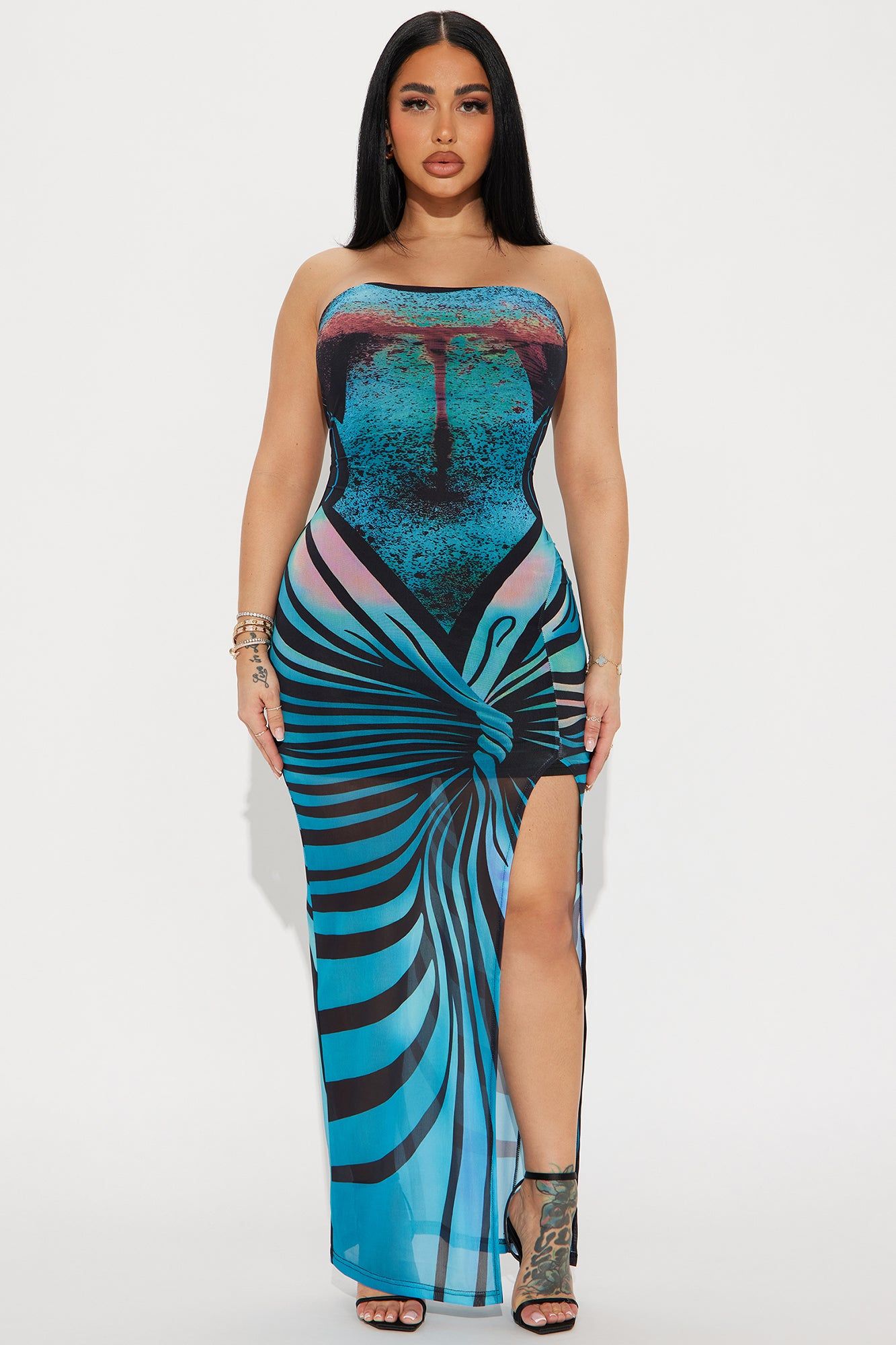 Fluttering Heart Mesh Maxi Dress - Blue/combo sold by Fashion Nova