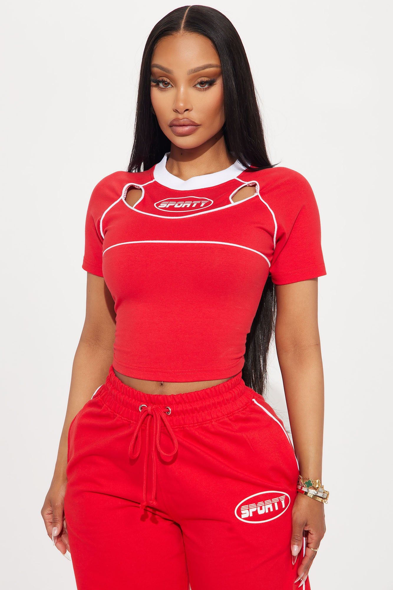 Sporty Contrast Cut Out Tee - Red sold by Fashion Nova