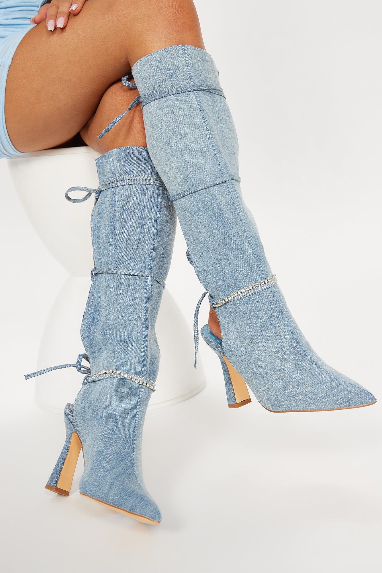 Serena Embellished Knee High Boots - Denim sold by Fashion Nova