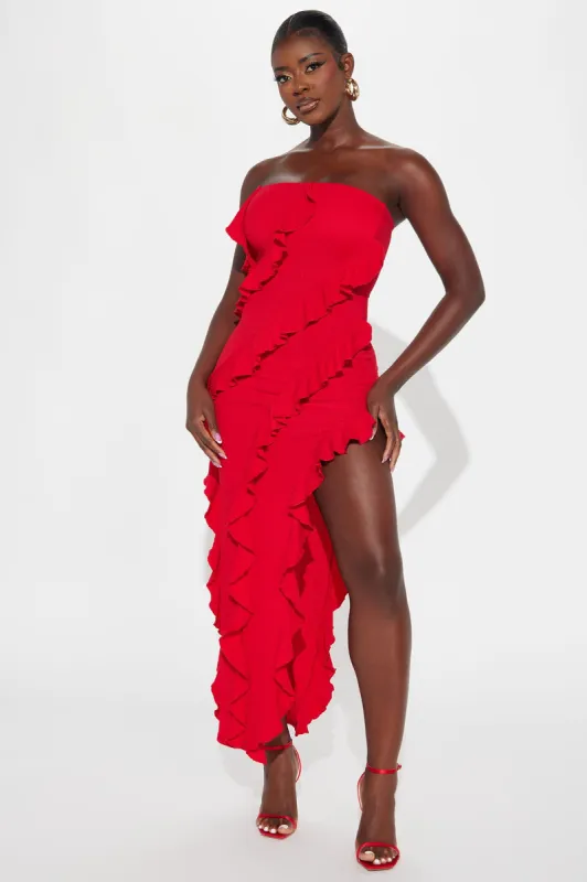 Rihanna Ruffle Maxi Dress - Red sold by Fashion Nova