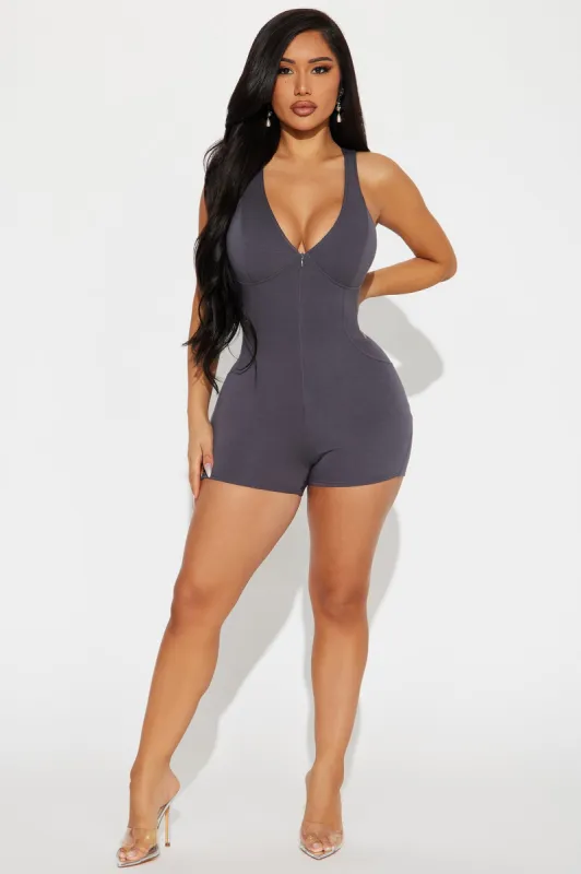 Best Believe Romper - Charcoal sold by Fashion Nova