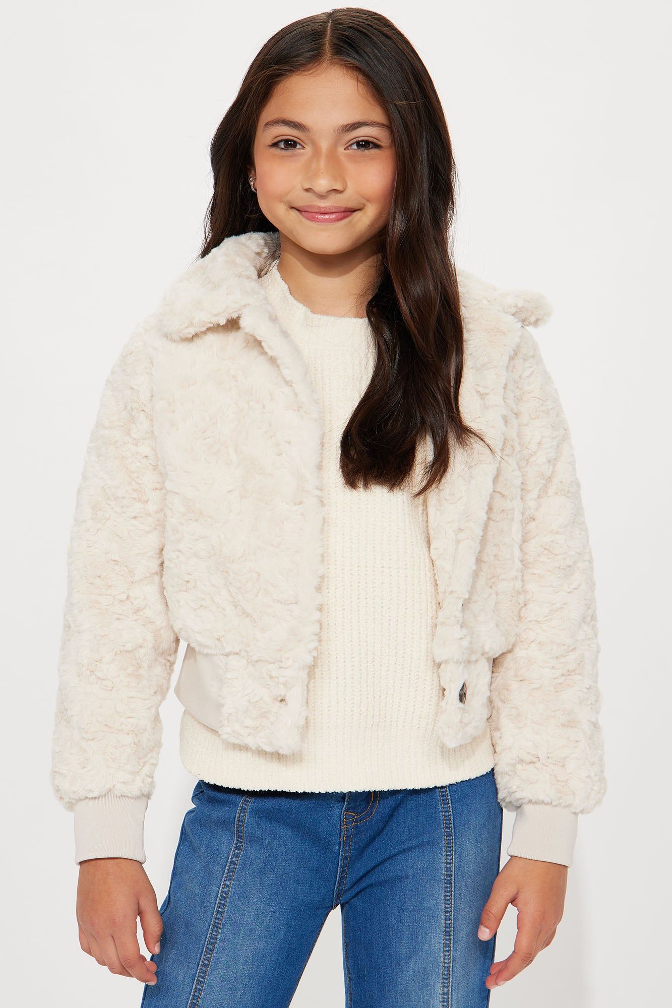 Mini Novelty Fur Button Up Jacket With Rib Waistband - Ivory sold by Fashion Nova