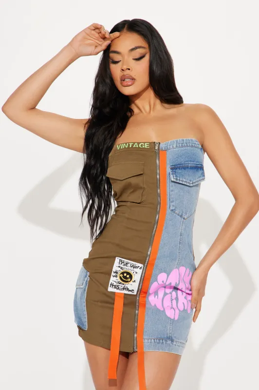 Stay Weird Cargo Mini Dress - Olive/combo sold by Fashion Nova