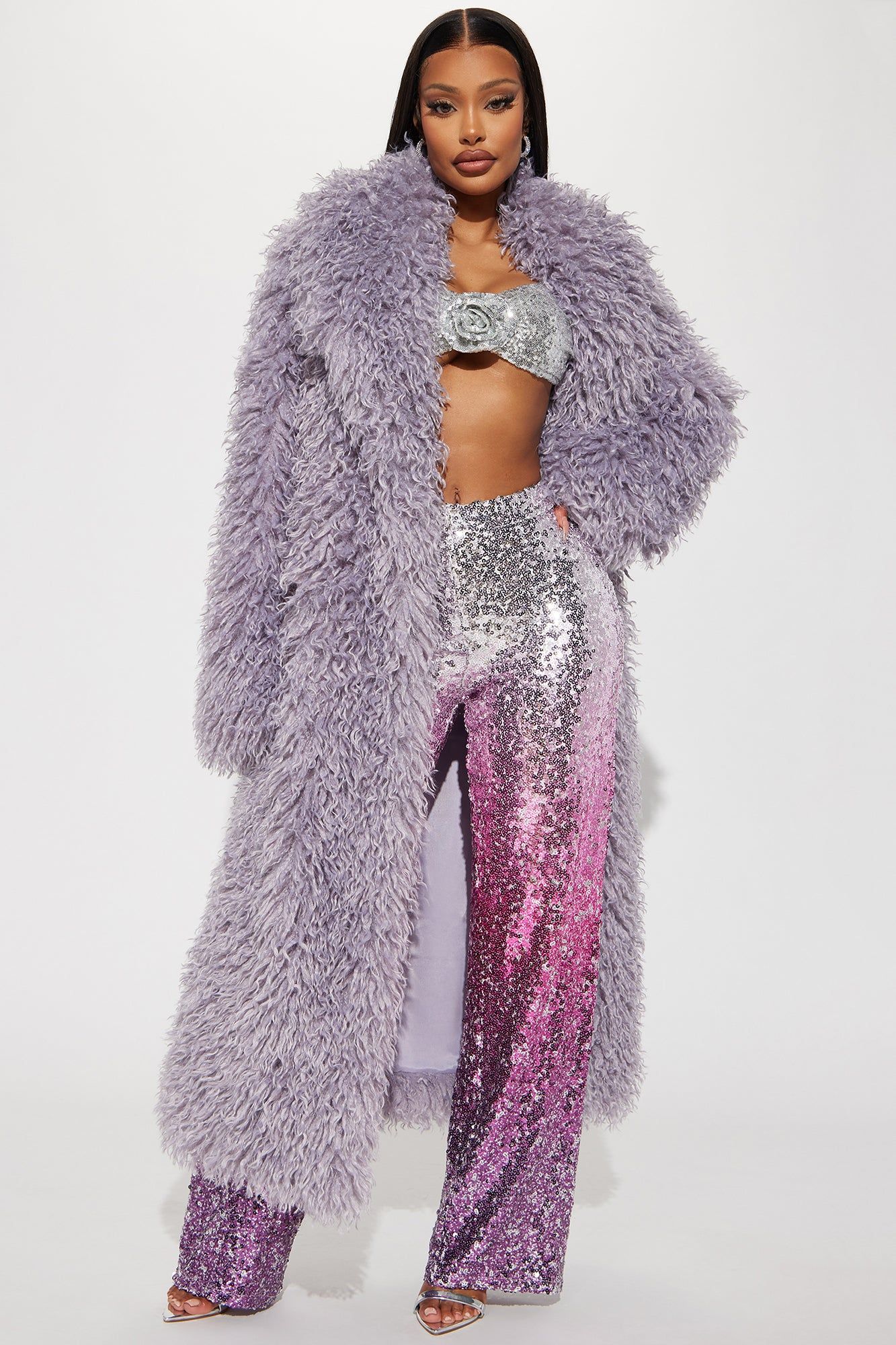 BIEN FORET ダークパープル ファーコート 毛皮 Feelin' Extra Faux Fur Coat - Lavender | Parallel