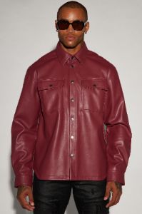 Bowery Faux Leather Button Up Shirt - Burgundy sold by Fashion Nova