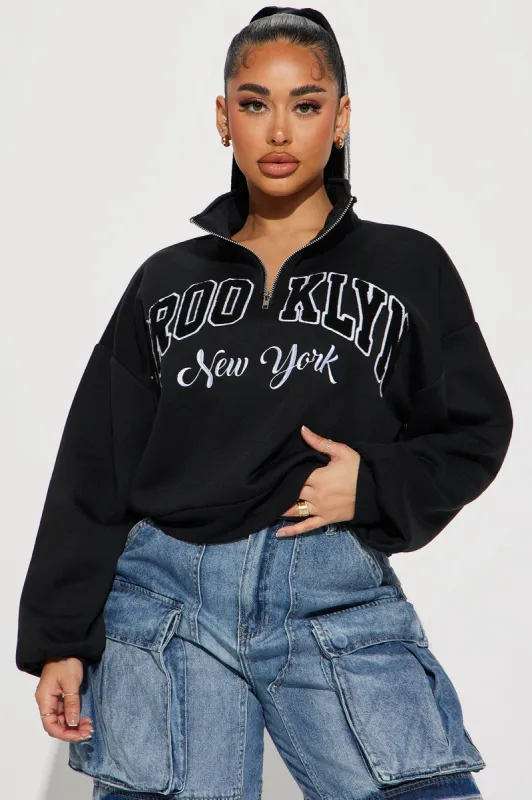 Out in Brooklyn Half Zip Sweatshirt - Black sold by Fashion Nova