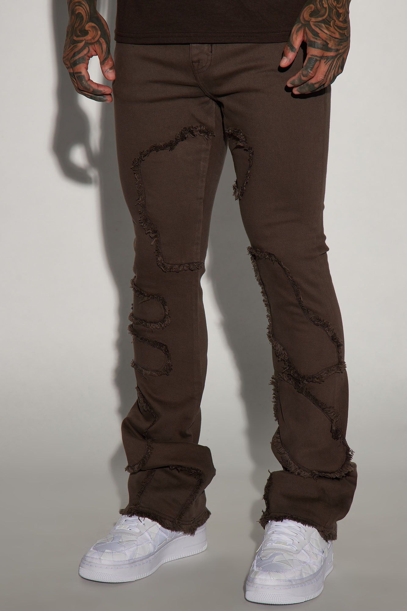 Fray Paneled Stacked Skinny Flared Pants - Brown sold by Fashion Nova