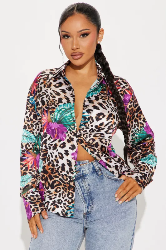 Tropical Time Satin Shirt - Brown/combo sold by Fashion Nova