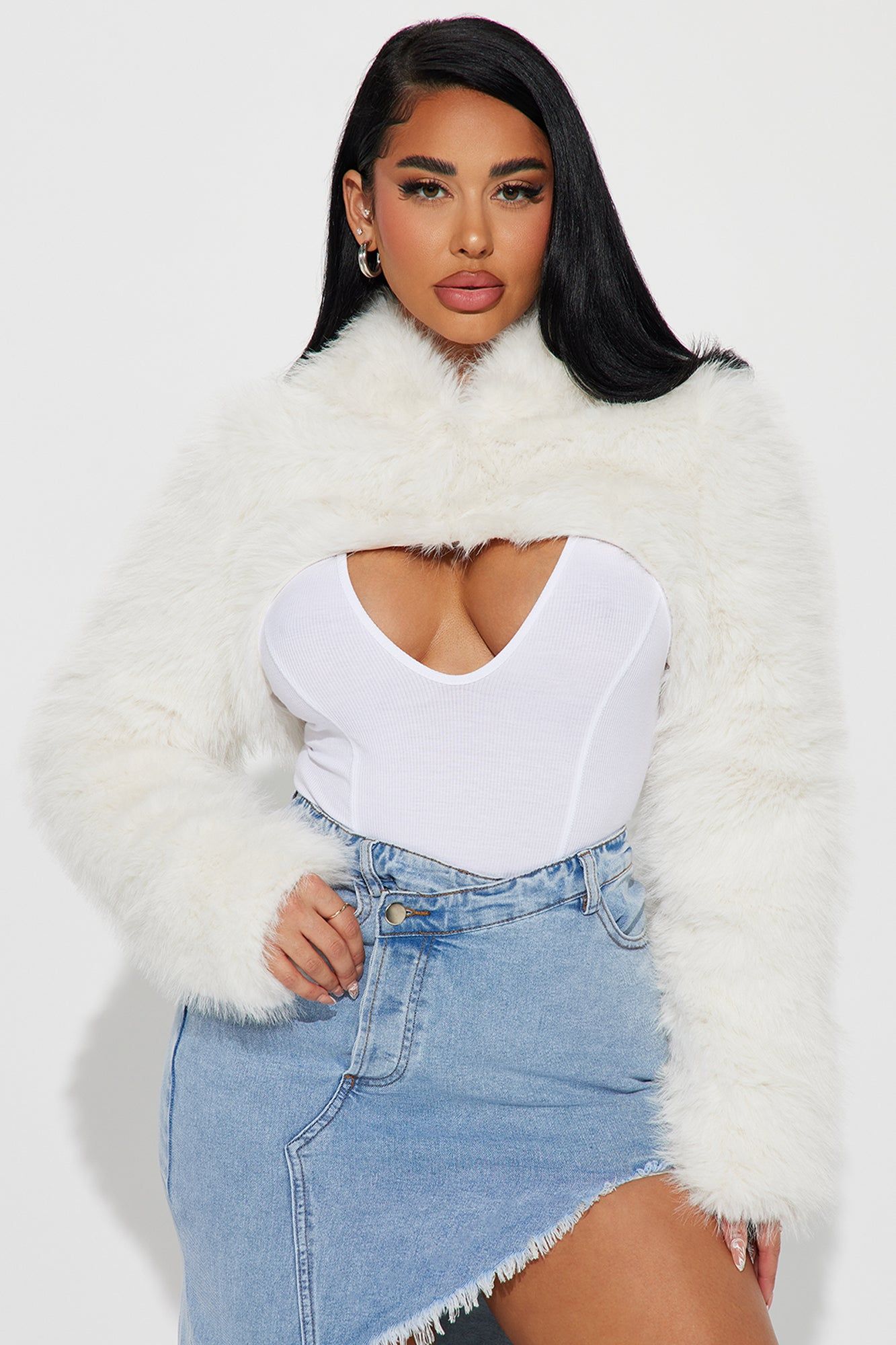 Wild Outings Faux Fur Hooded Bolero - Ivory sold by Fashion Nova