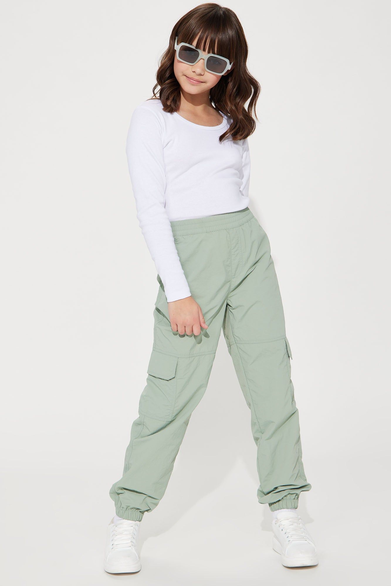 Mini Half The Fun Nylon Parachute Cargo Pants - Sage sold by Fashion Nova