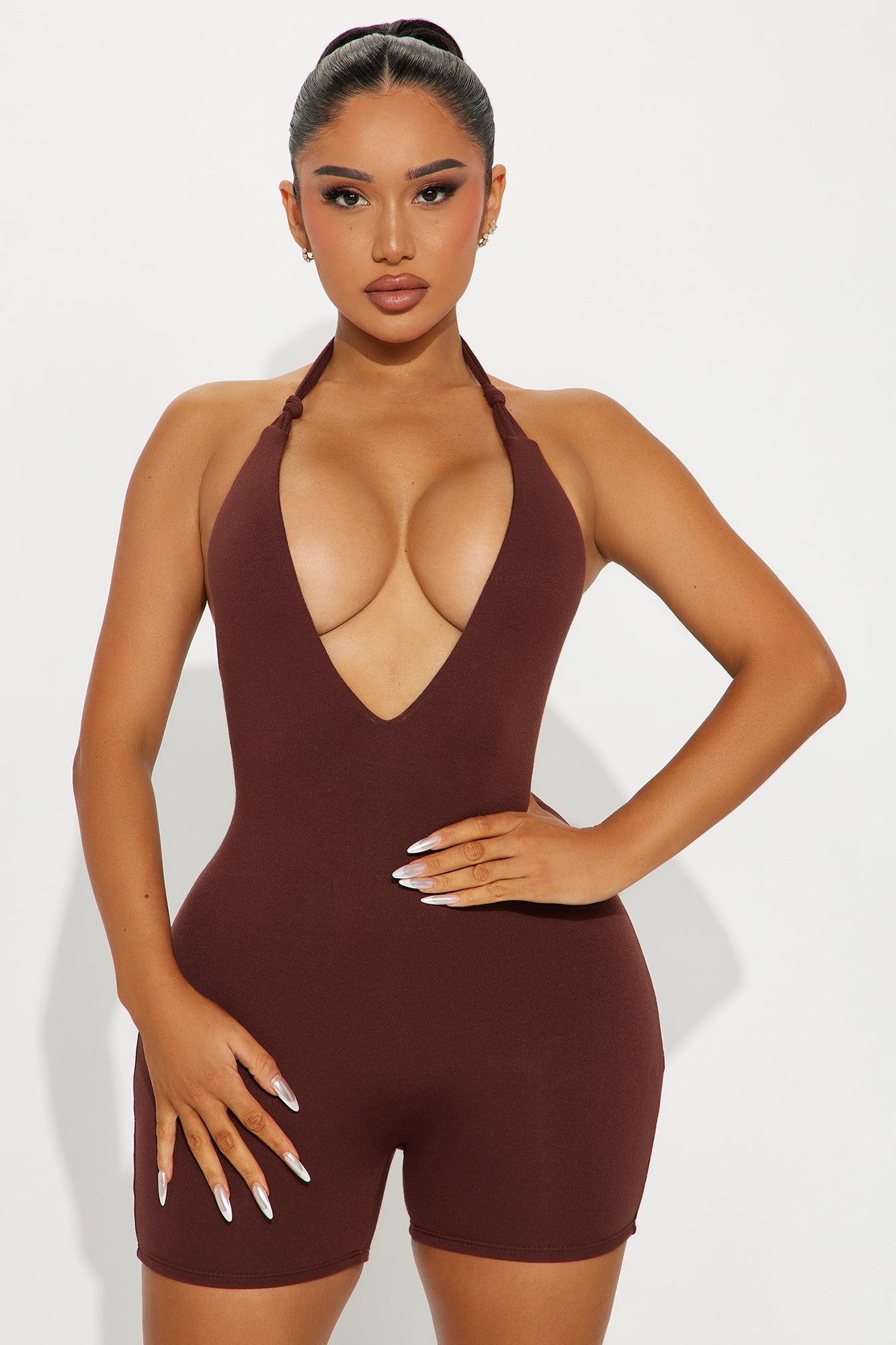 To Be Me Romper - Chocolate sold by Fashion Nova