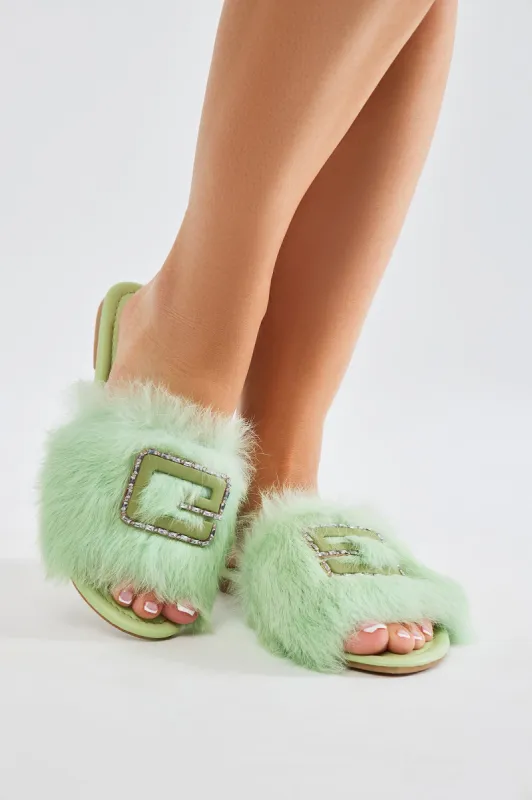 No Shade Fur Sandals - Mint sold by Fashion Nova