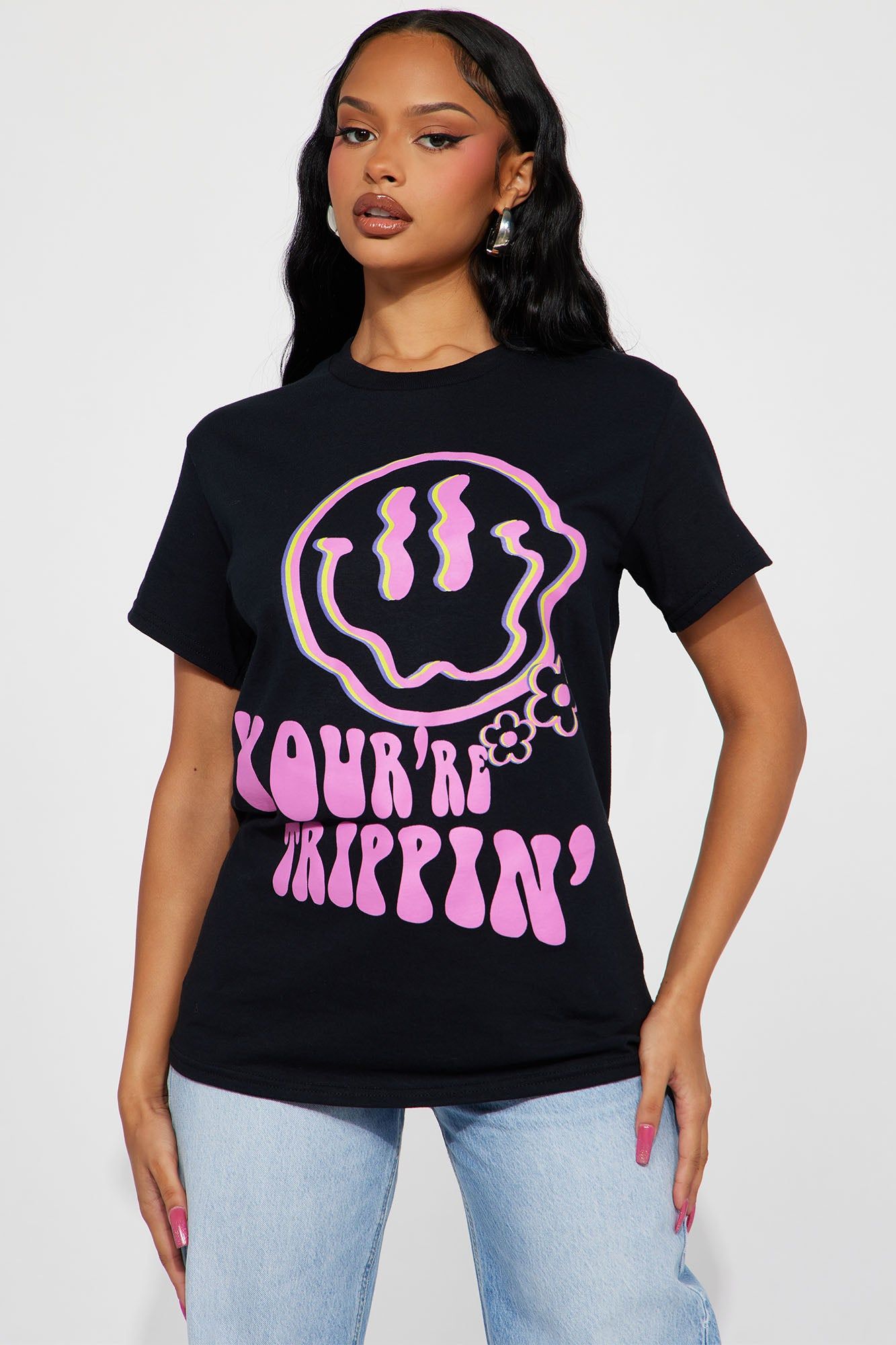 You're Trippin' Short Sleeve Tee - Black sold by Fashion Nova