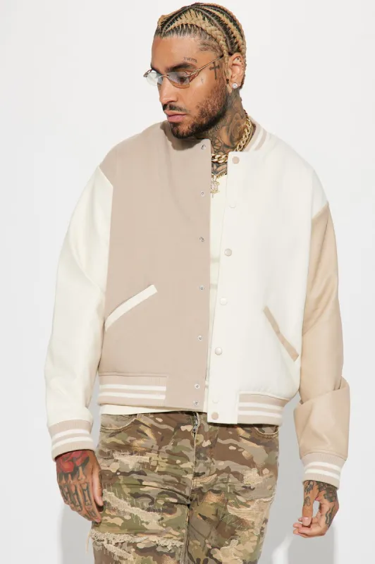 For The Books Faux Leather Sleeves Colorblock Varsity Jacket - Tan sold by Fashion Nova