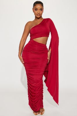 Aria Ruched Maxi Dress - Wine sold by Fashion Nova