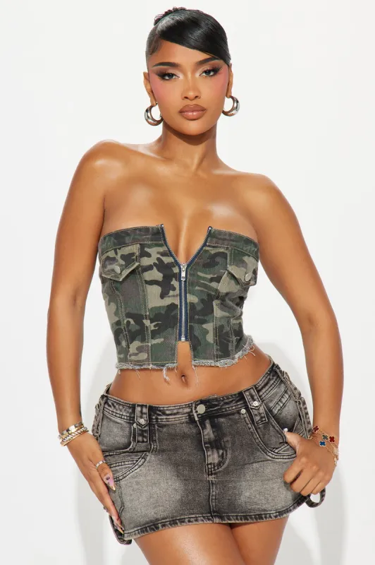 Plain Sight Camo Top - Olive/combo sold by Fashion Nova