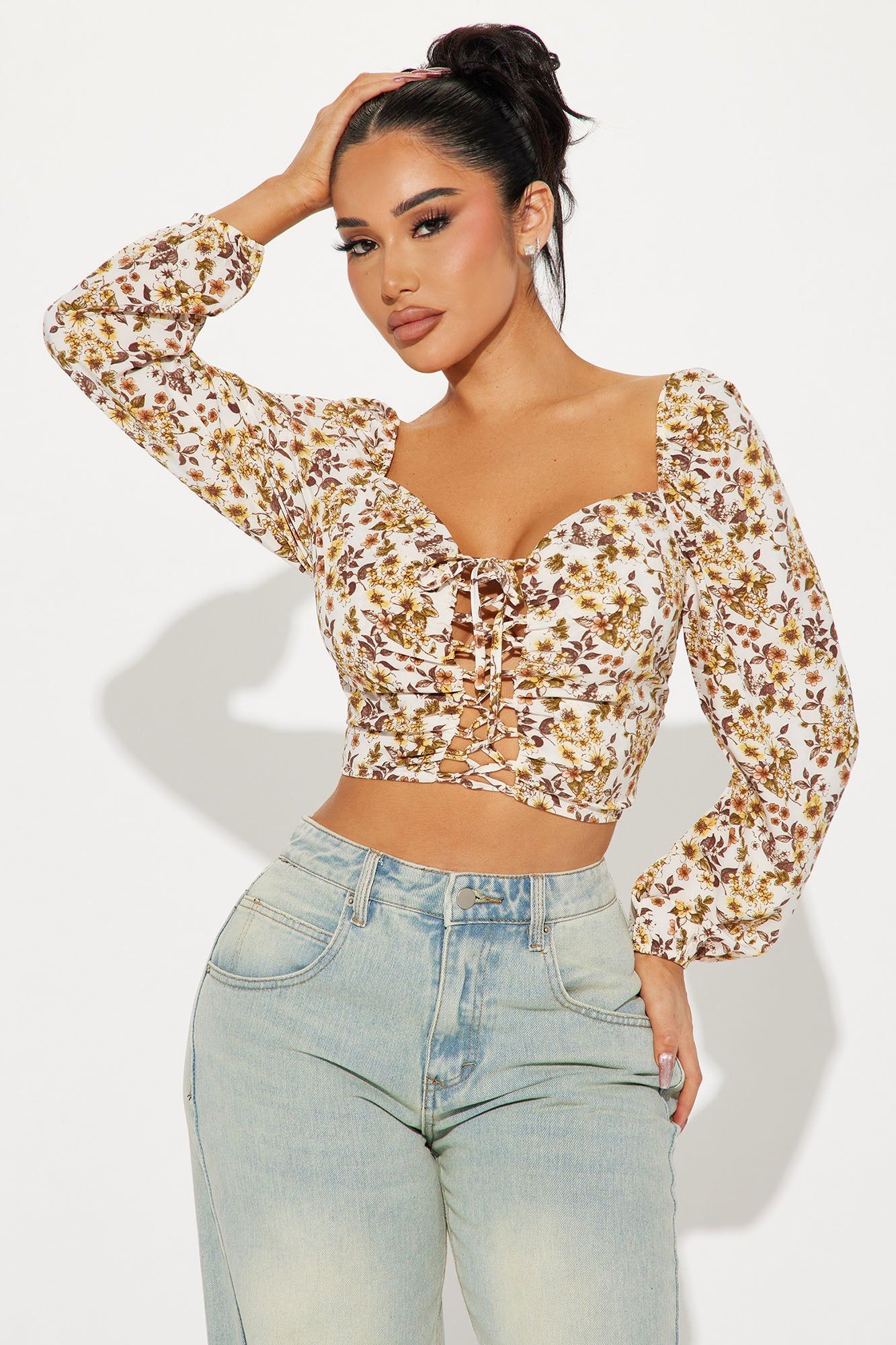 Flower Fields Blouse Top - Yellow/combo sold by Fashion Nova