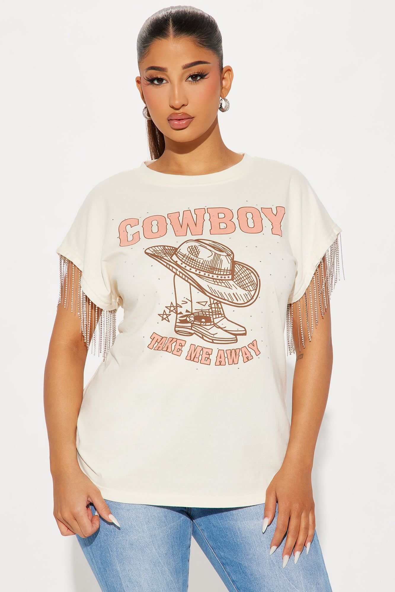 Cowboy Take Me Away Rhinestone Tee - Beige sold by Fashion Nova