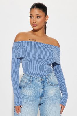 Best Of Luck Off Shoulder Top - Denim sold by Fashion Nova