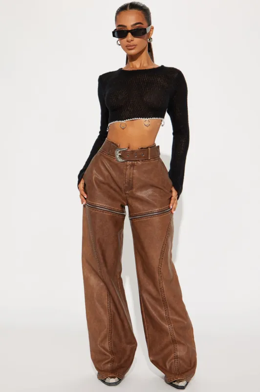 Western Moves Convertible Faux Leather Pant - Chocolate sold by Fashion Nova