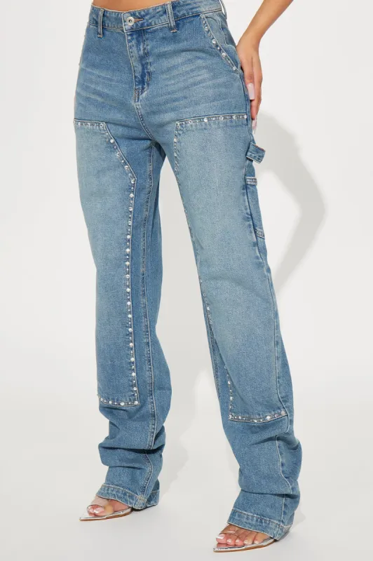 Star Studded Embellished Straight Leg Carpenter Jeans - Medium Wash sold by Fashion Nova