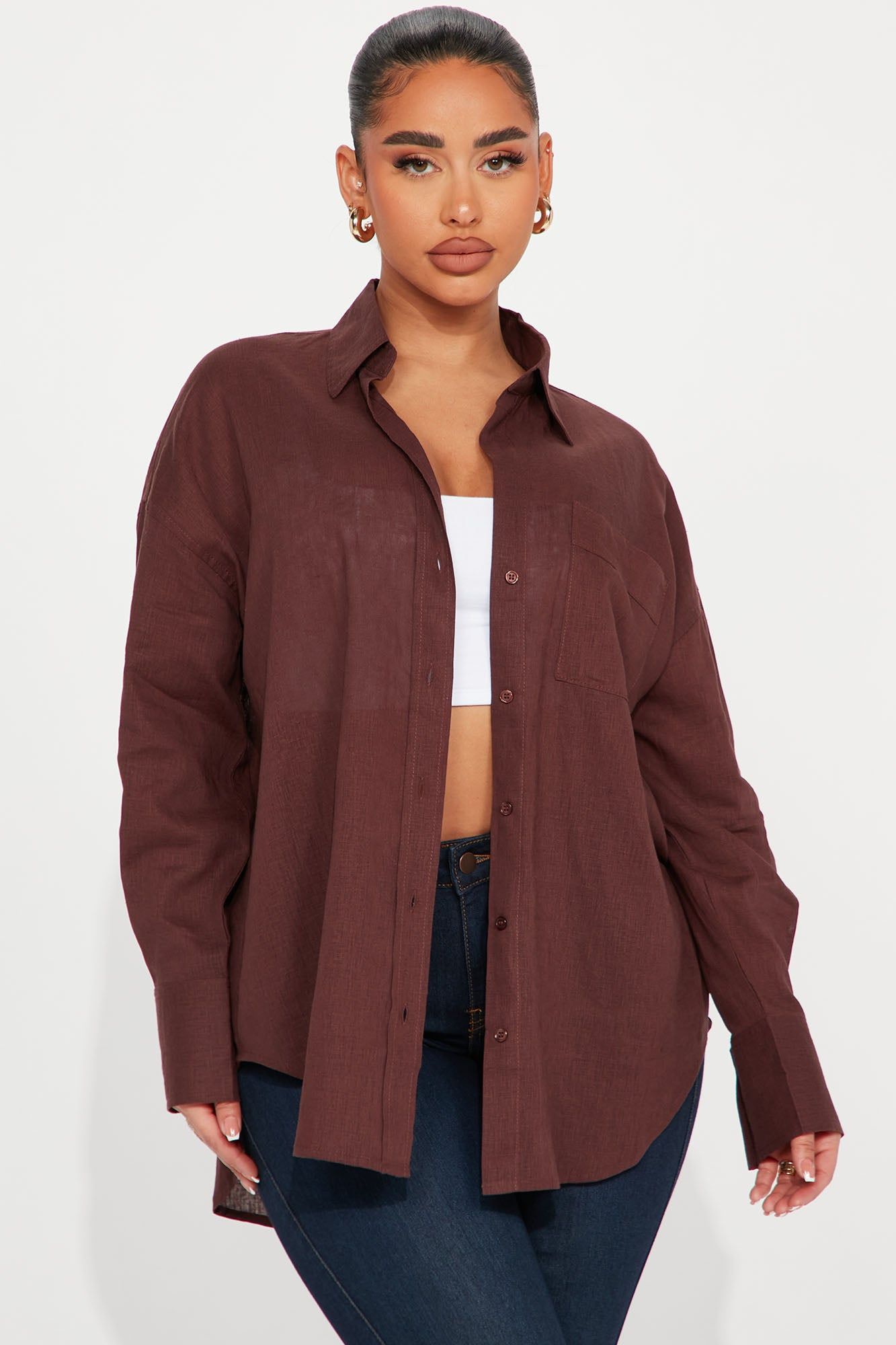 Always Simplistic Linen Shirt - Chocolate sold by Fashion Nova