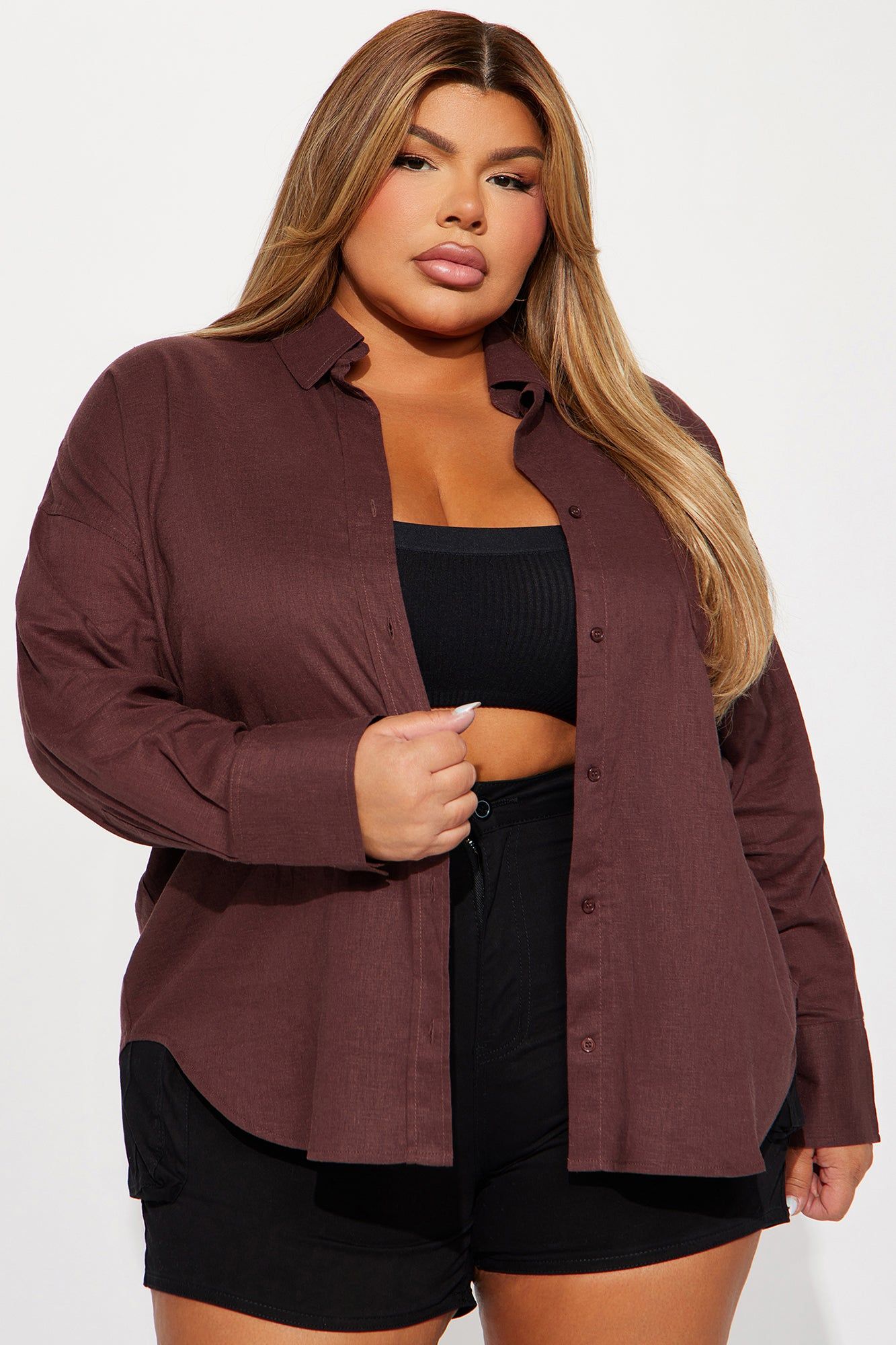 Always Simplistic Linen Shirt - Chocolate sold by Fashion Nova product image thumbnail 4