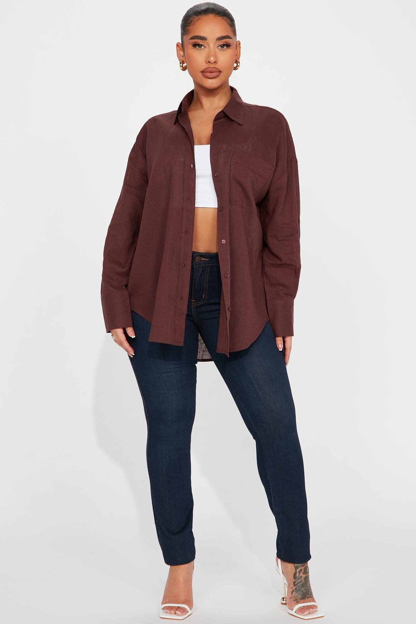 Always Simplistic Linen Shirt - Chocolate sold by Fashion Nova product image thumbnail 2