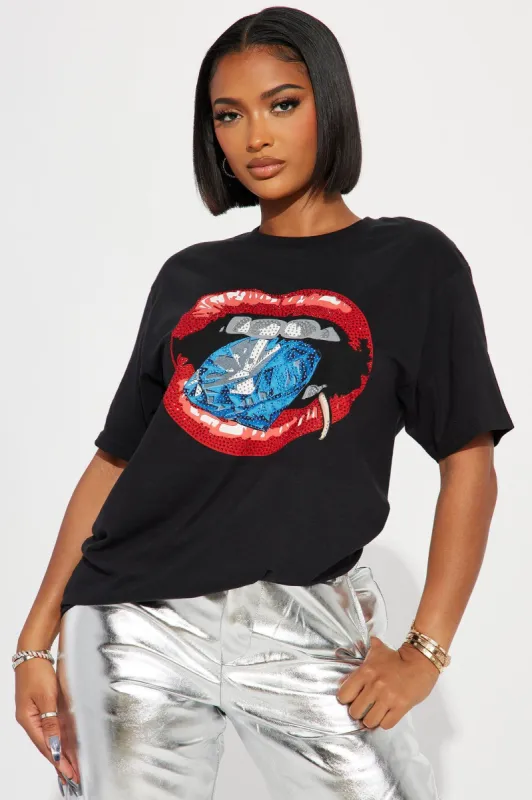 Good Taste Rhinestone Graphic Tee - Black sold by Fashion Nova