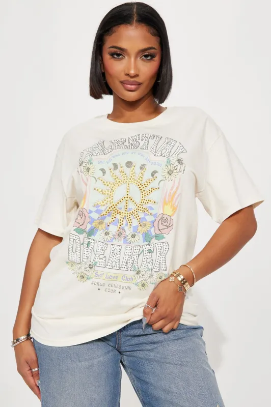 Celestial Dreamer Rhinestone Graphic Tee - Cream sold by Fashion Nova