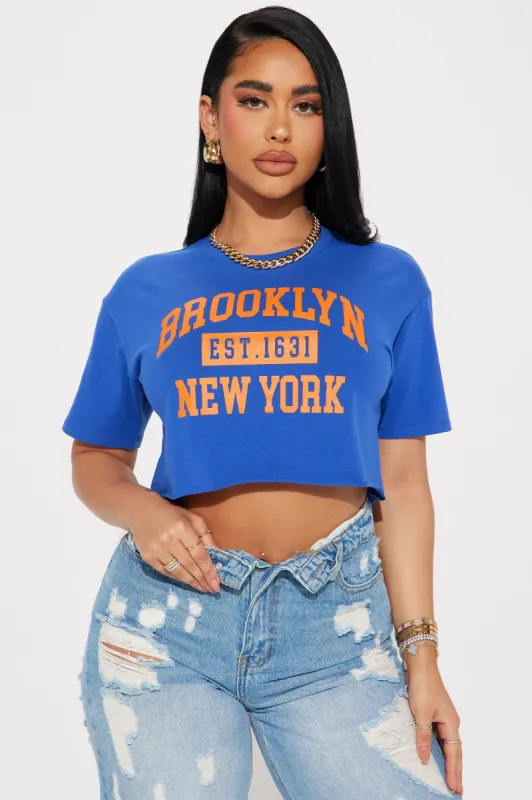 Established in Brooklyn Crop Top - Blue made by Fashion Nova