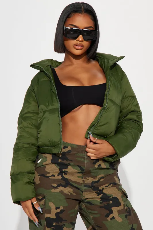 Name Your Game Puffer Coat - Hunter made by Fashion Nova