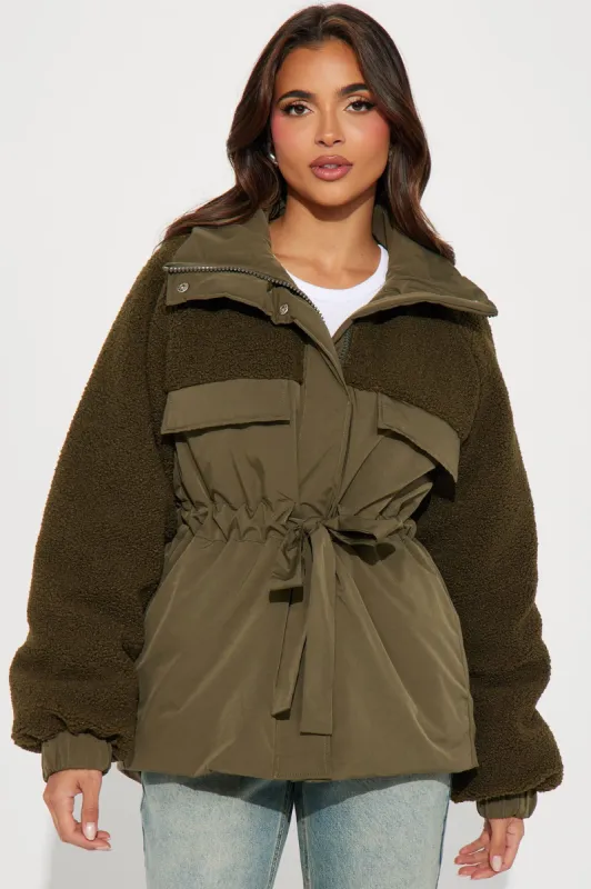 Warm Me Up Babe Puffer - Olive sold by Fashion Nova