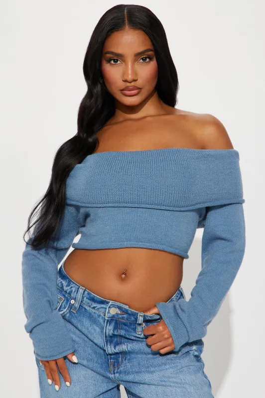 Only One Off Shoulder Sweater - Dusty Blue sold by Fashion Nova