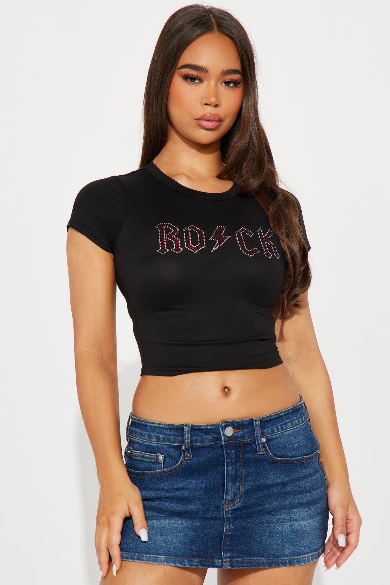 Rock Your World Rhinestone Tee - Black sold by Fashion Nova
