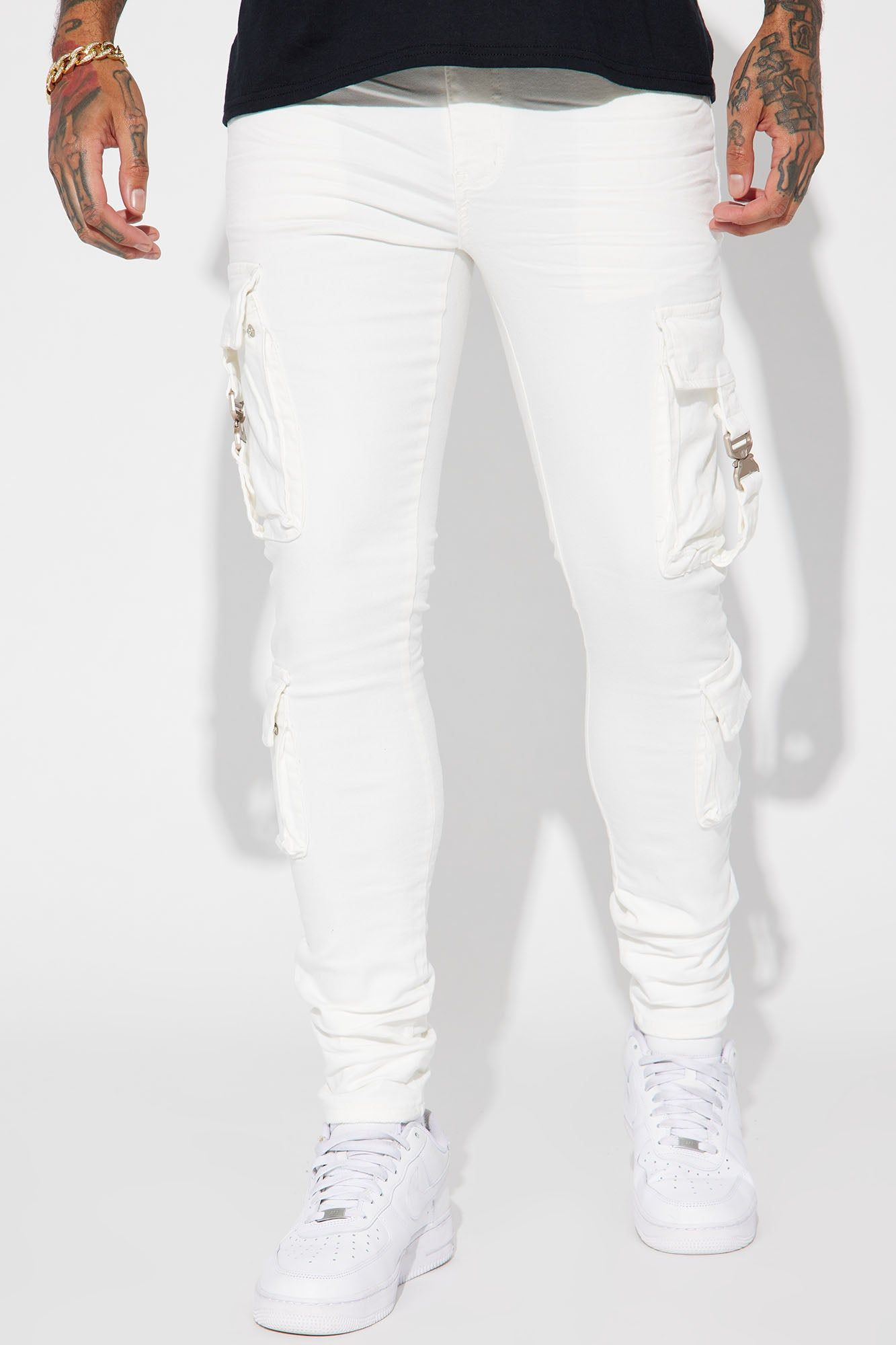 Hold On Cargo Stacked Skinny Jeans - White sold by Fashion Nova