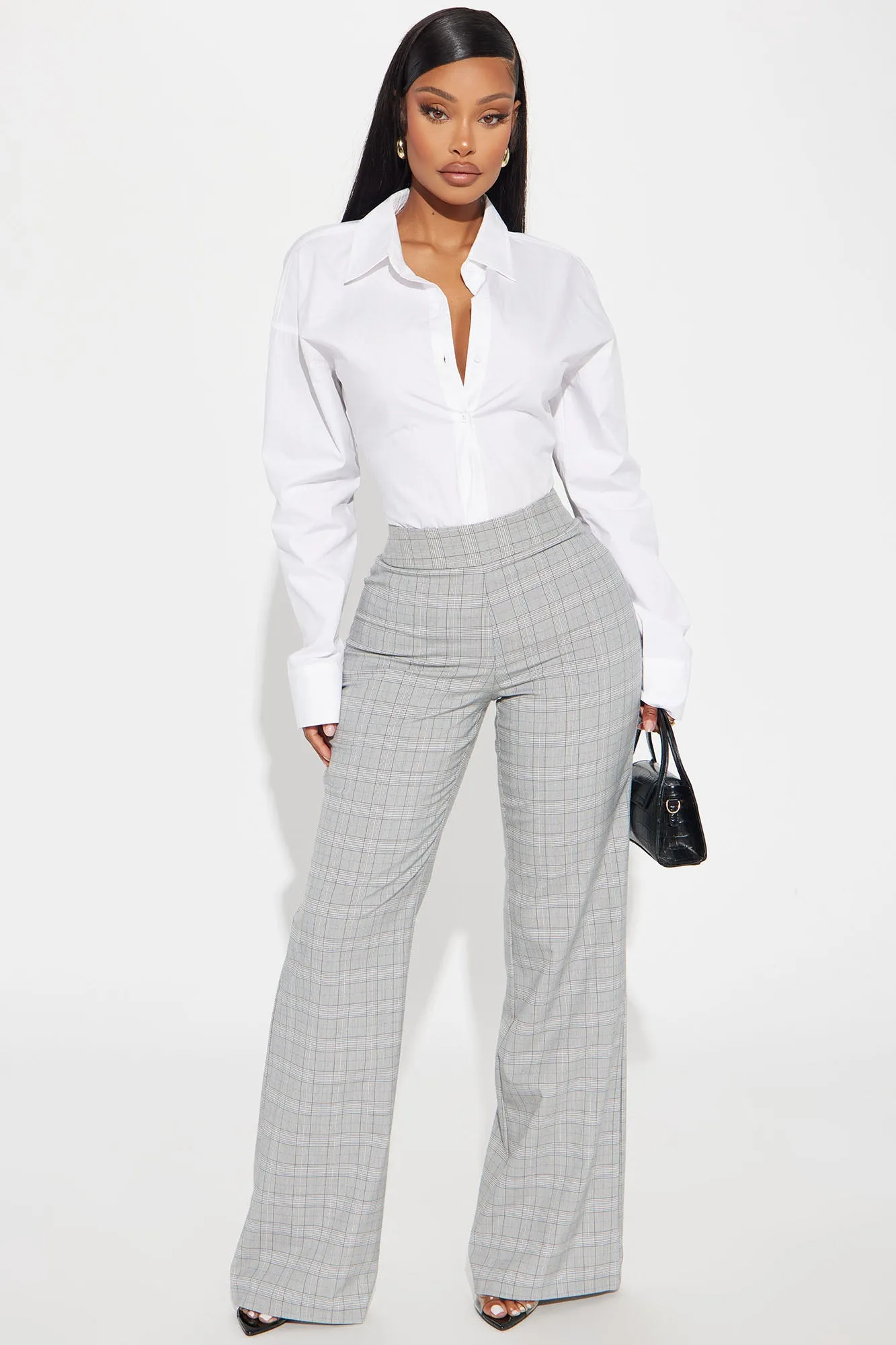 Natasha Plaid Flare Trouser - Grey sold by Fashion Nova