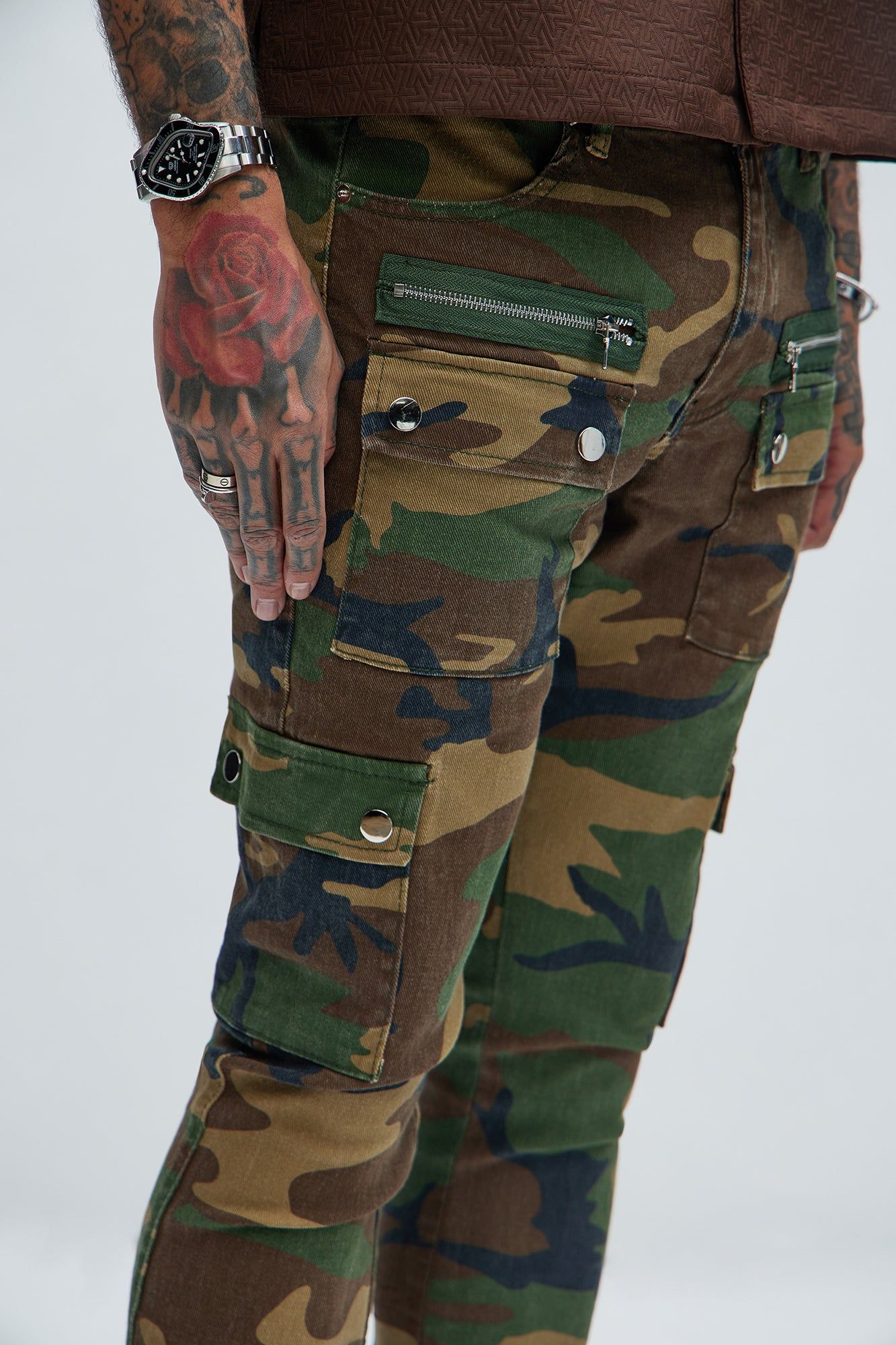 On The Verge Waxed Cargo Zipper Flare Pants - Camouflage sold by Fashion Nova product image thumbnail 4