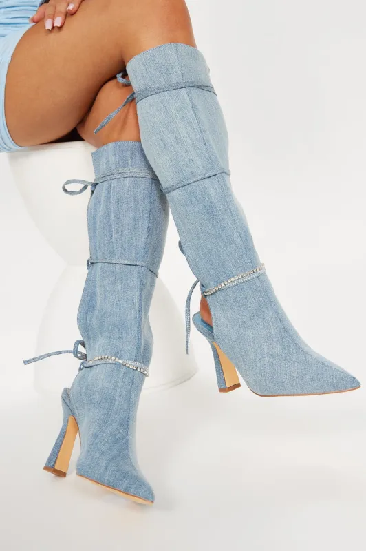 Serena Embellished Knee High Boots - Denim sold by Fashion Nova