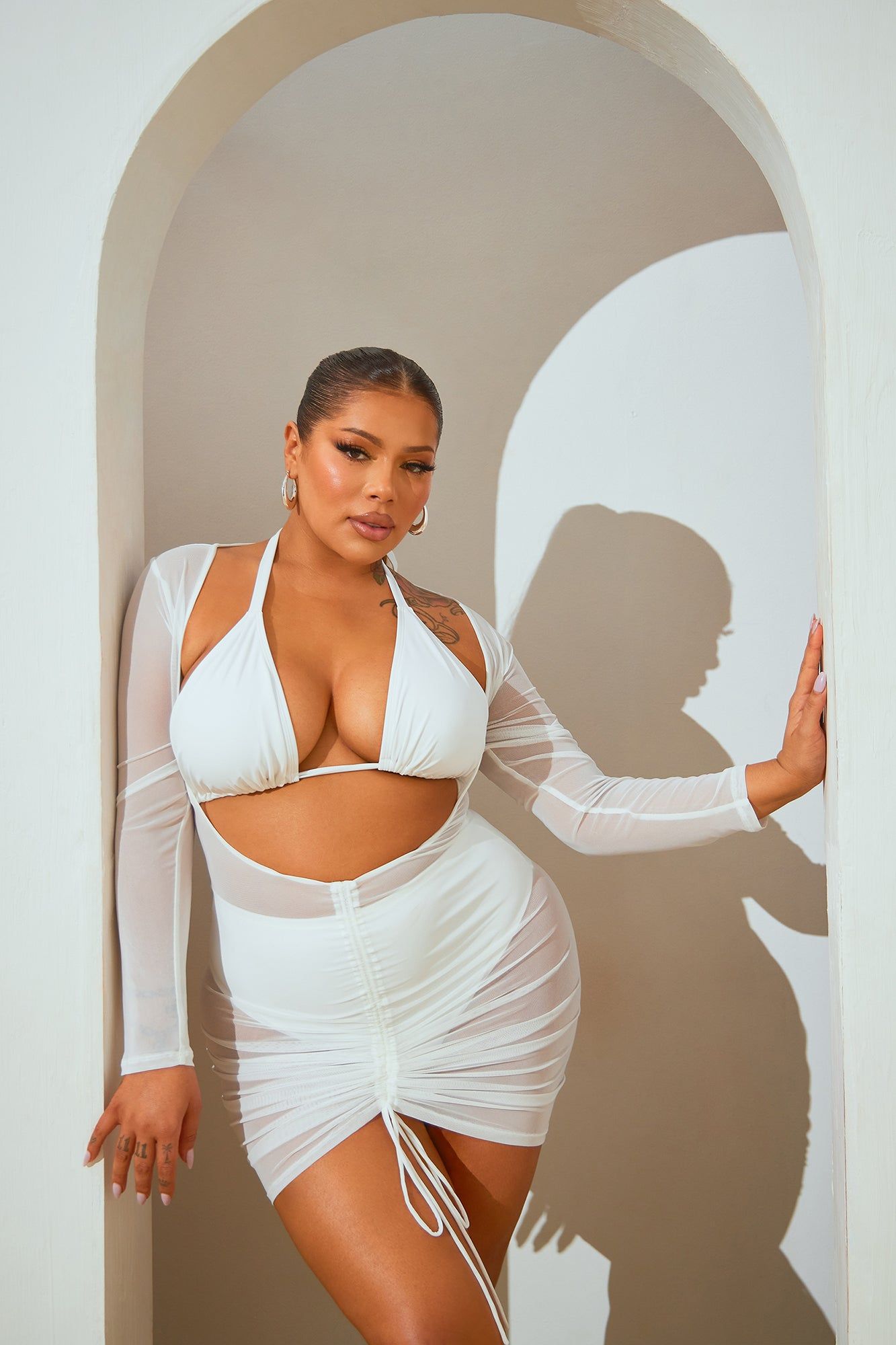 Summers In Greece Mesh Ruched Cover Up Dress - White sold by Fashion Nova product image thumbnail 5
